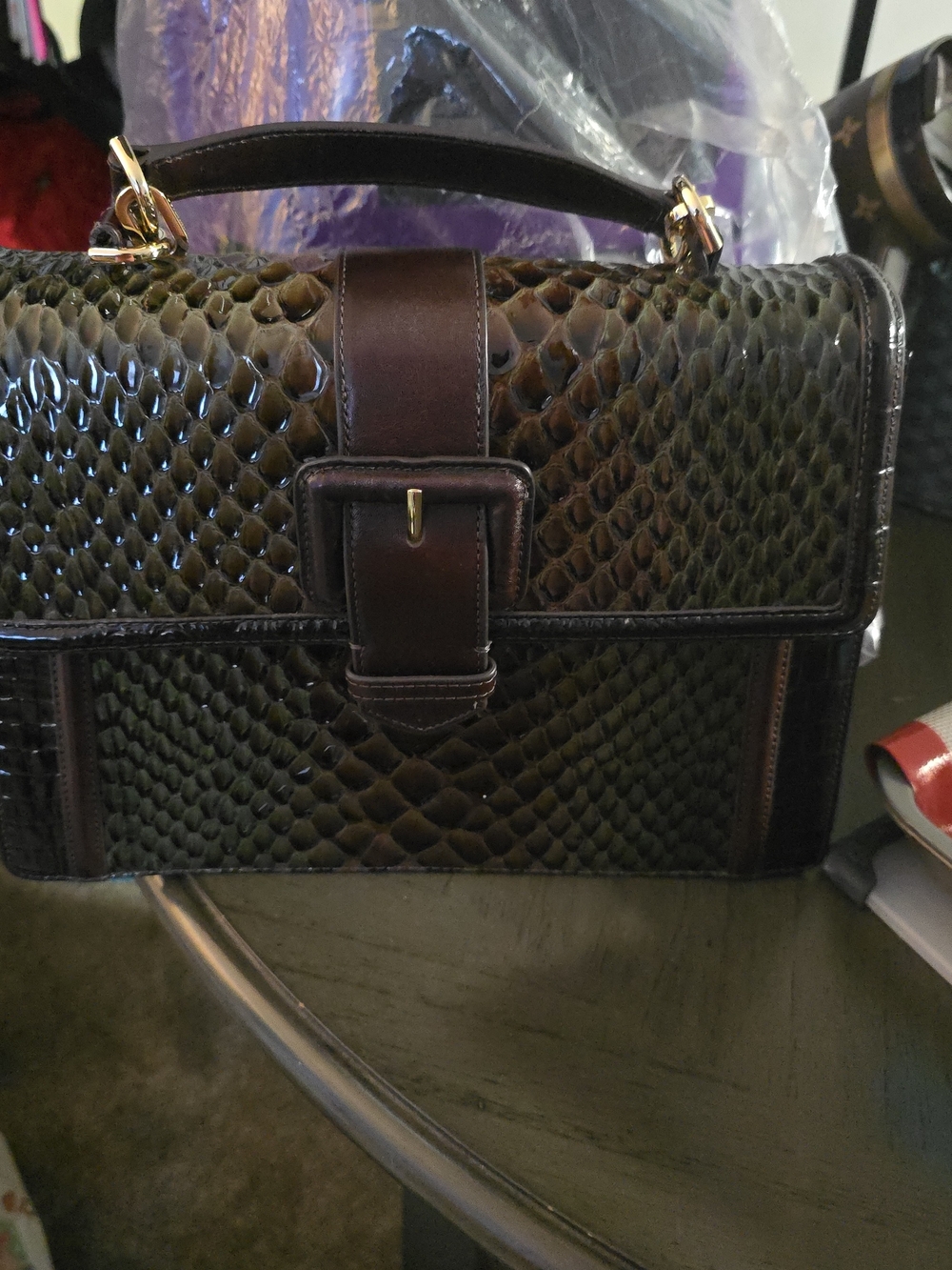 Brahmin Dark Brown Croc-Embossed Top Handle Satchel